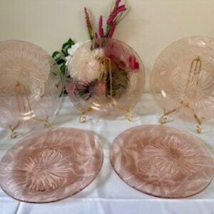 KIG‎ Indonesia Pink Depression Glass Dinner Plates Set of 5 Vintage Floral